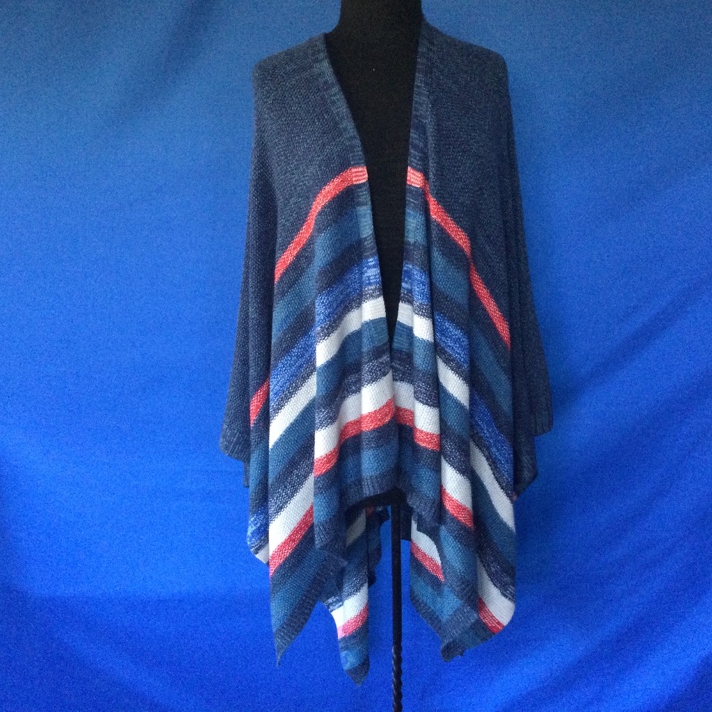 BCBG Striped Blue and Red Knit Women's Shawl Poncho O/S